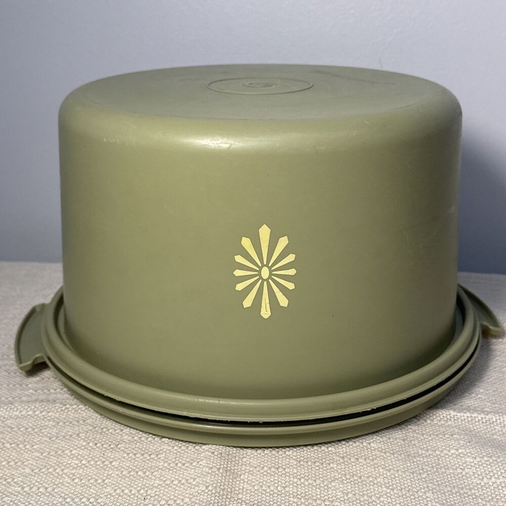 Vintage TUPPERWARE Cake Taker Carrier 683 684 Server Avocado Green Sunburst